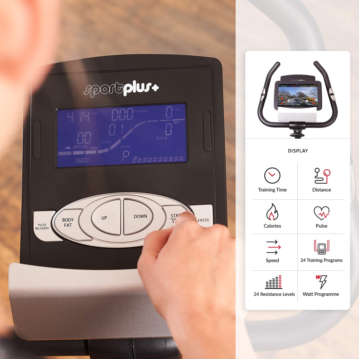 SportPlus Heimtrainer SP-HT-9800-iE mit App-Steuerung, 10 kg Schwungmasse, 24 Stufen, Pulssensoren, bis 130 kg, Weiß.