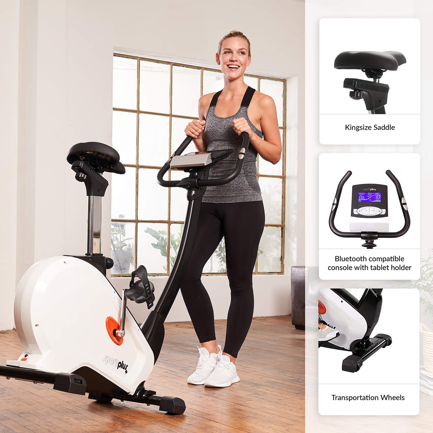 SportPlus Heimtrainer SP-HT-9800-iE mit App-Steuerung, 10 kg Schwungmasse, 24 Stufen, Pulssensoren, bis 130 kg, Weiß.
