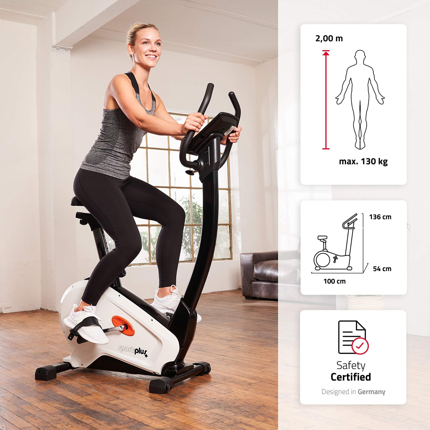 SportPlus Heimtrainer SP-HT-9800-iE mit App-Steuerung, 10 kg Schwungmasse, 24 Stufen, Pulssensoren, bis 130 kg, Weiß.