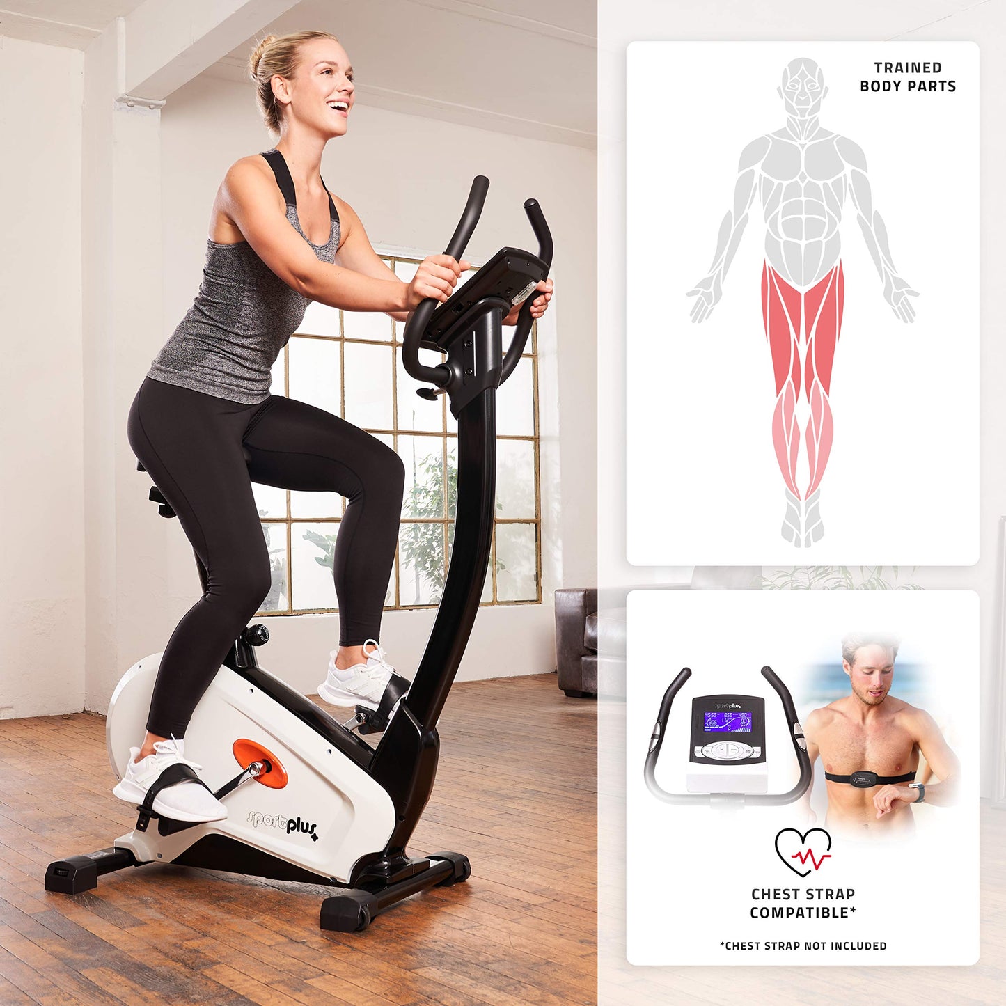 SportPlus Heimtrainer SP-HT-9800-iE mit App-Steuerung, 10 kg Schwungmasse, 24 Stufen, Pulssensoren, bis 130 kg, Weiß.